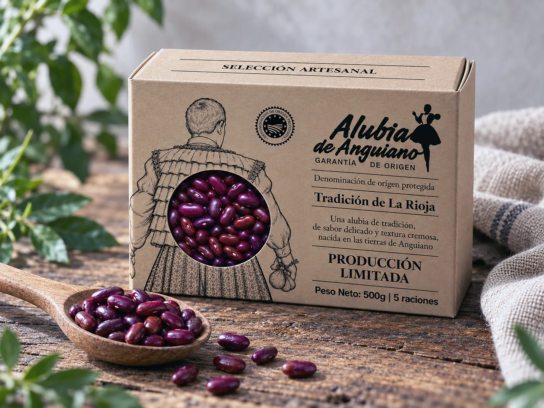 Caja de Alubias de Anguiano con las alubias en primer plano
